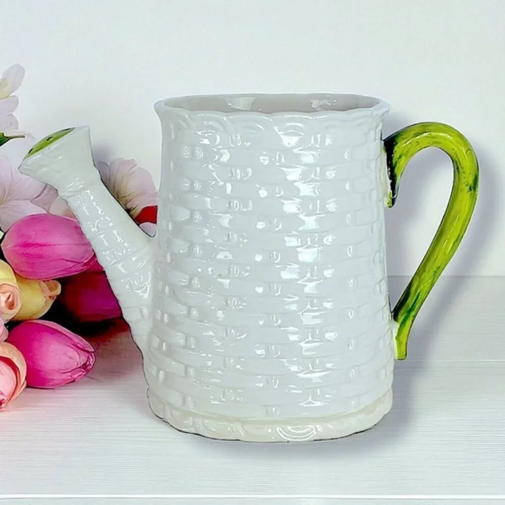 Vintage Basket Weave Ceramic Watering Can Planter Numbered Multi Use White Green